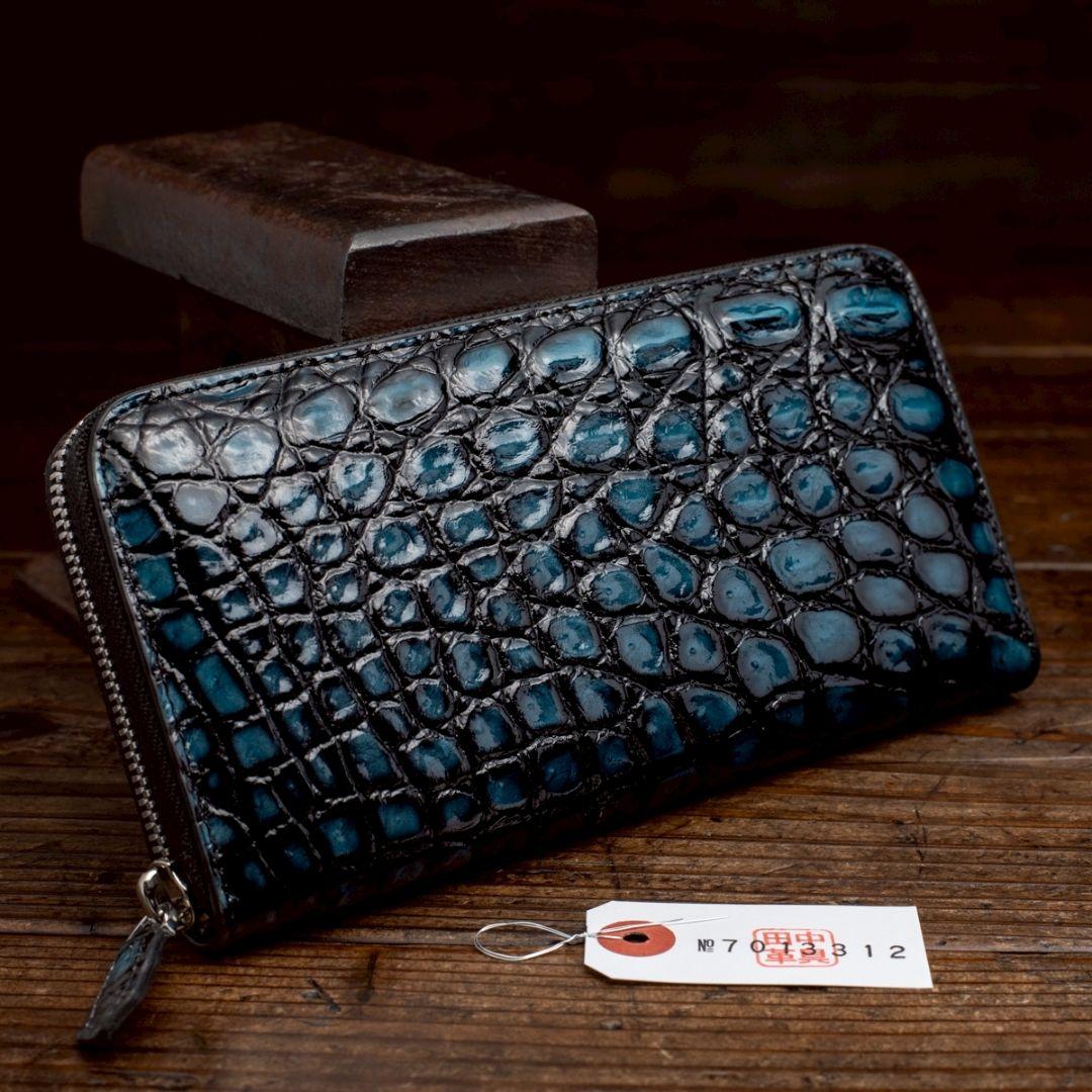 実物撮影 一枚革 クロコダイル ブルー メンズ 長財布 ラウンド