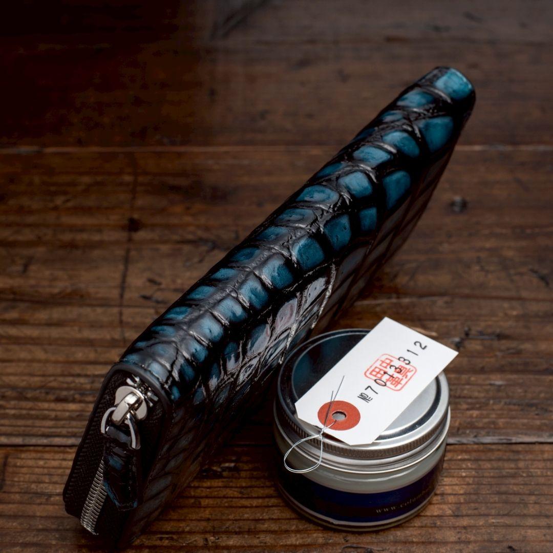 実物撮影 一枚革 クロコダイル ブルー メンズ 長財布 ラウンド