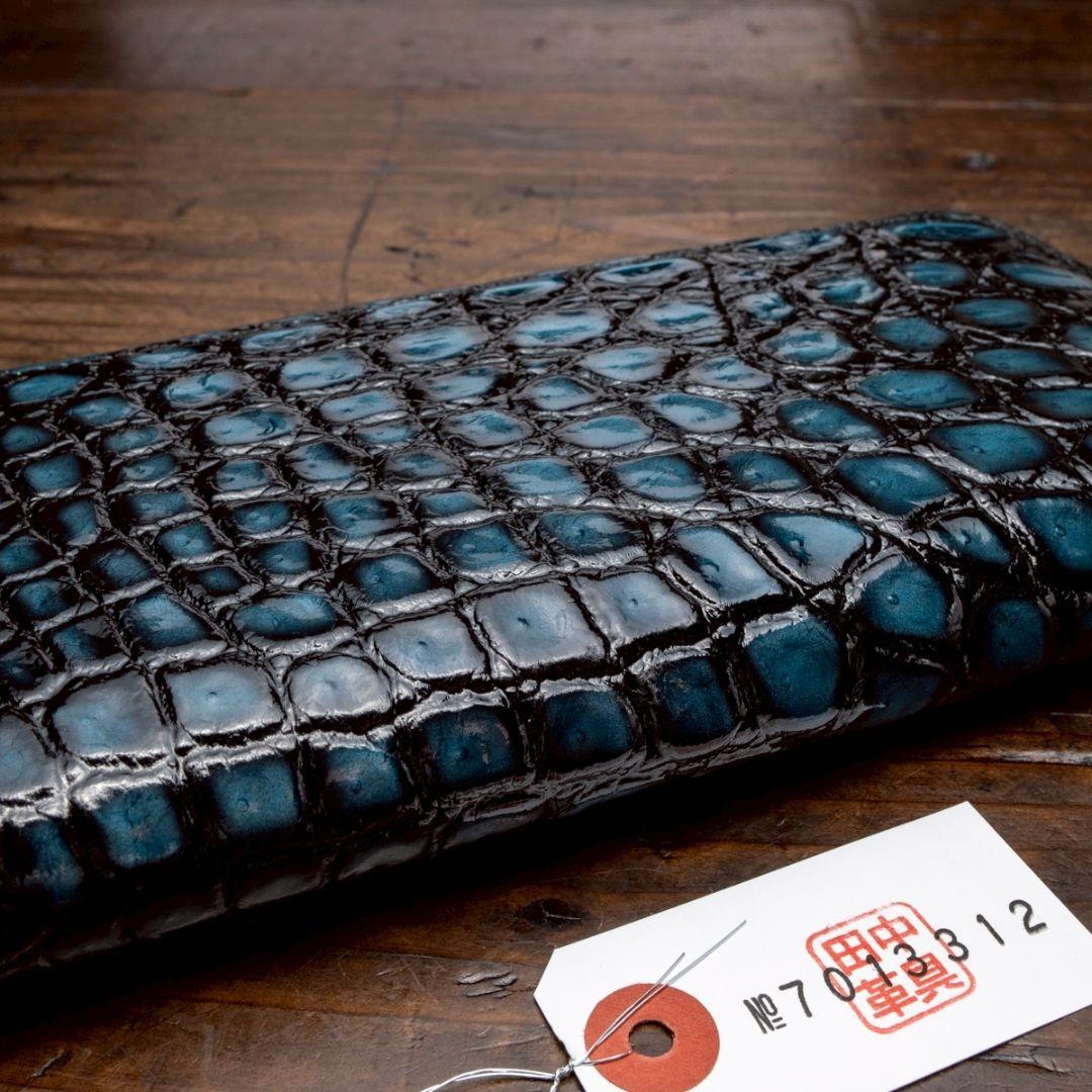 実物撮影 一枚革 クロコダイル ブルー メンズ 長財布 ラウンド