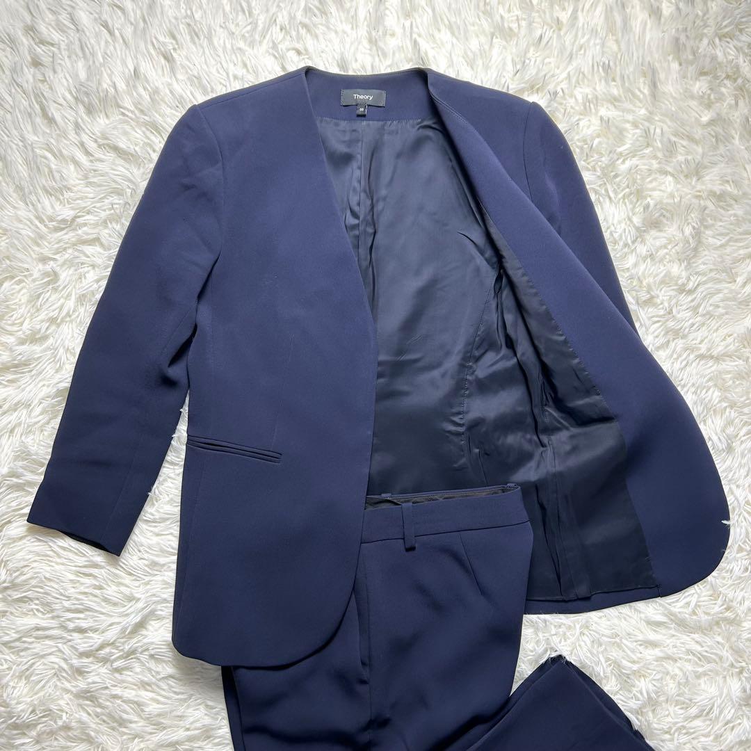Theory セオリー ノーカラー パンツスーツ セットアップ ネイビー 中古・古着通販】theory (セオリー) ノーカラーセットアップ ブラック