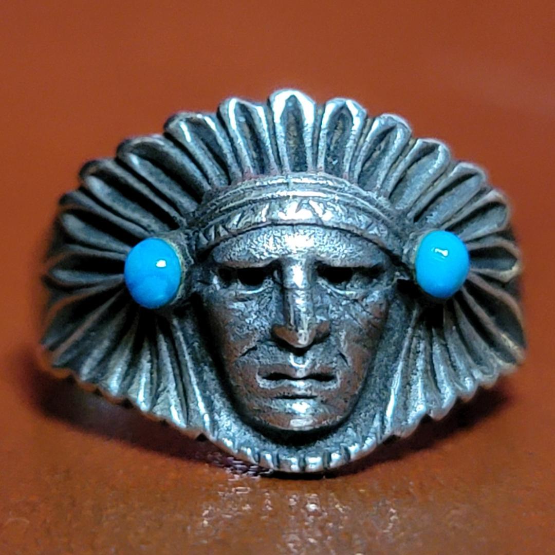 ビンテージ品 銀の指輪 インディアンヘッド ターコイズ シルバーリング 925