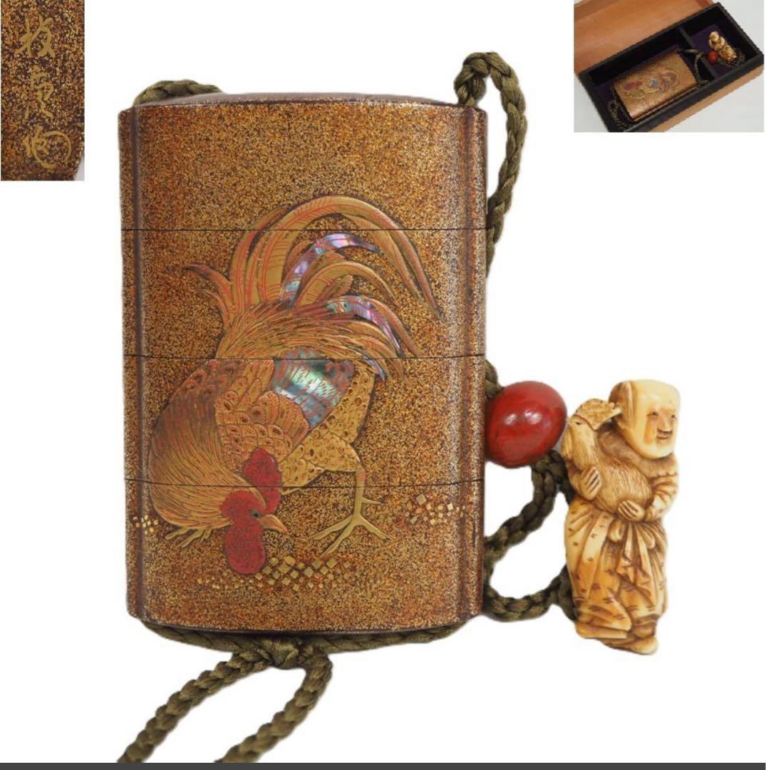 送料無料　江戸時代　極上品（在銘）本金梨子地螺鈿蒔絵 鶏図印籠 人物根付 木箱付 送料無料 江戸時代 極上品（在銘）本金梨子地螺鈿蒔絵 鶏図印籠 人物