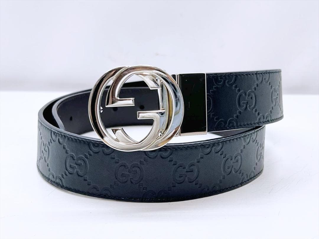 良好品 グッチ シマ エンボス リバーシブル ベルト 85 473030