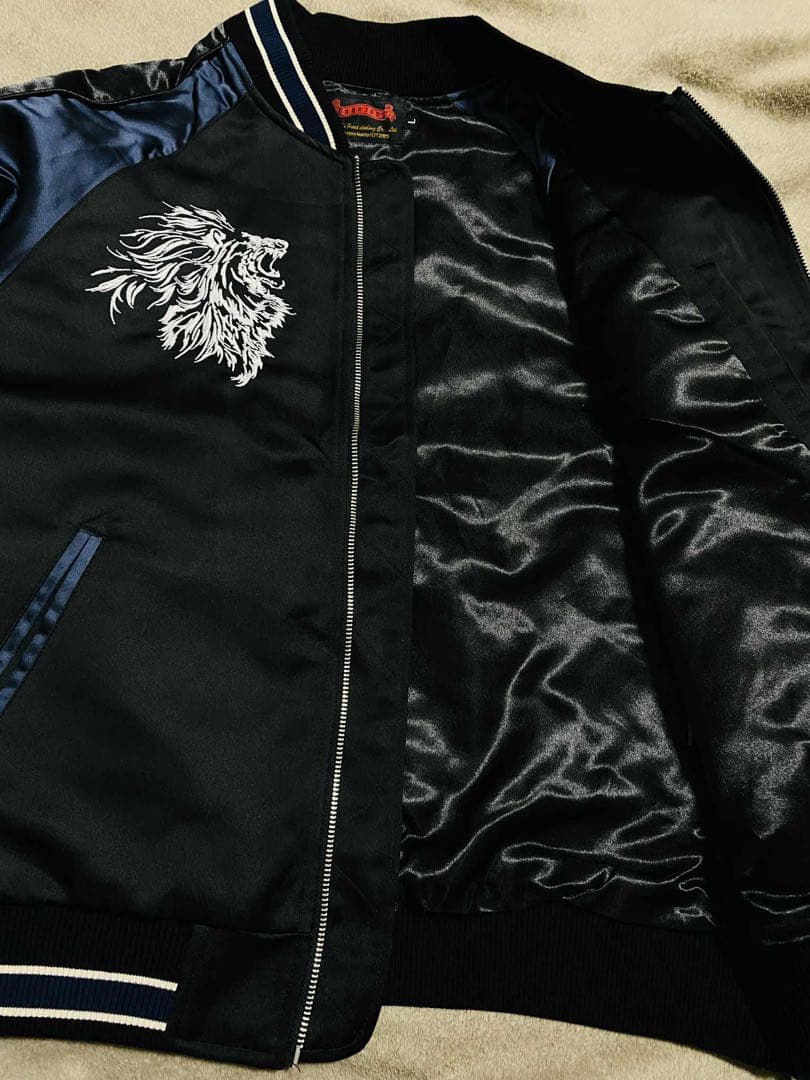 未使用 SKAJAN ライオン 日本 スカジャン unisex サテン 美品 青