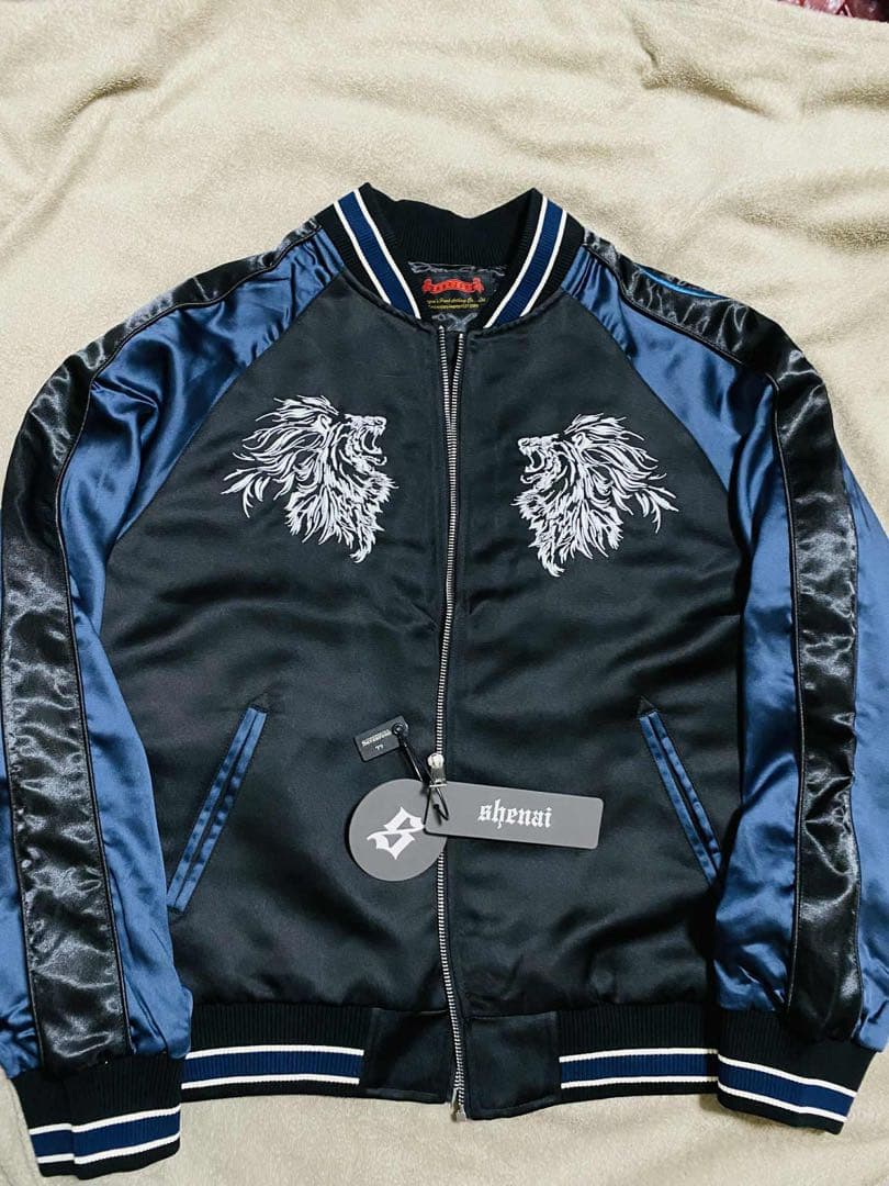 未使用 SKAJAN ライオン 日本 スカジャン unisex サテン 美品 青