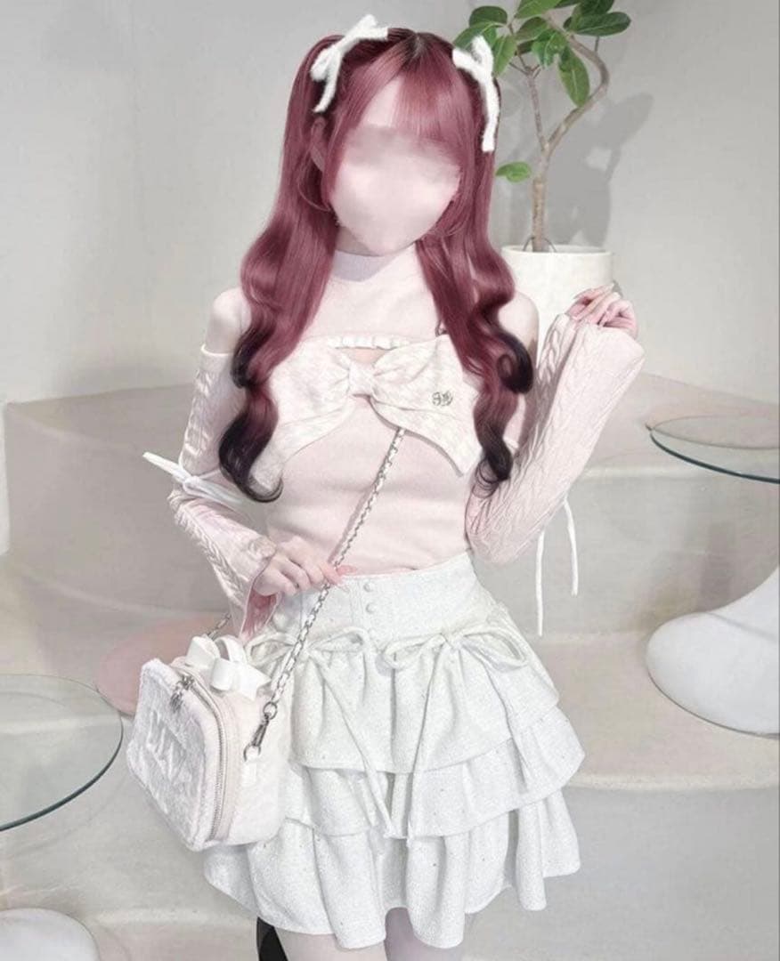 HONEYMEW ハニーミュウ ビッグリボン肩あきニットトップス ピンク xs