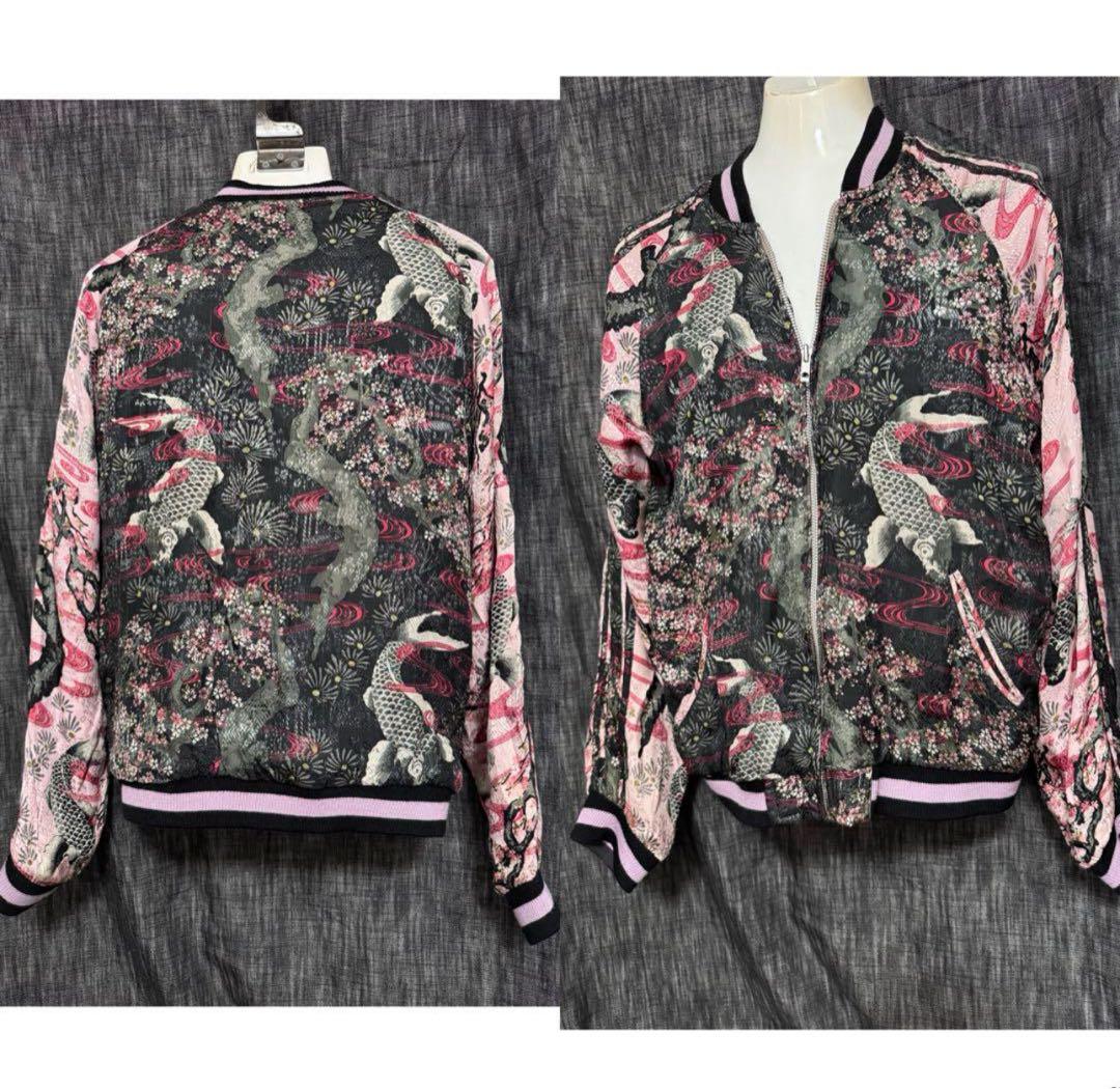 HANATABIGAKUDAN レーヨン　刺繍　スカジャン　和柄　鯉　桜　日本