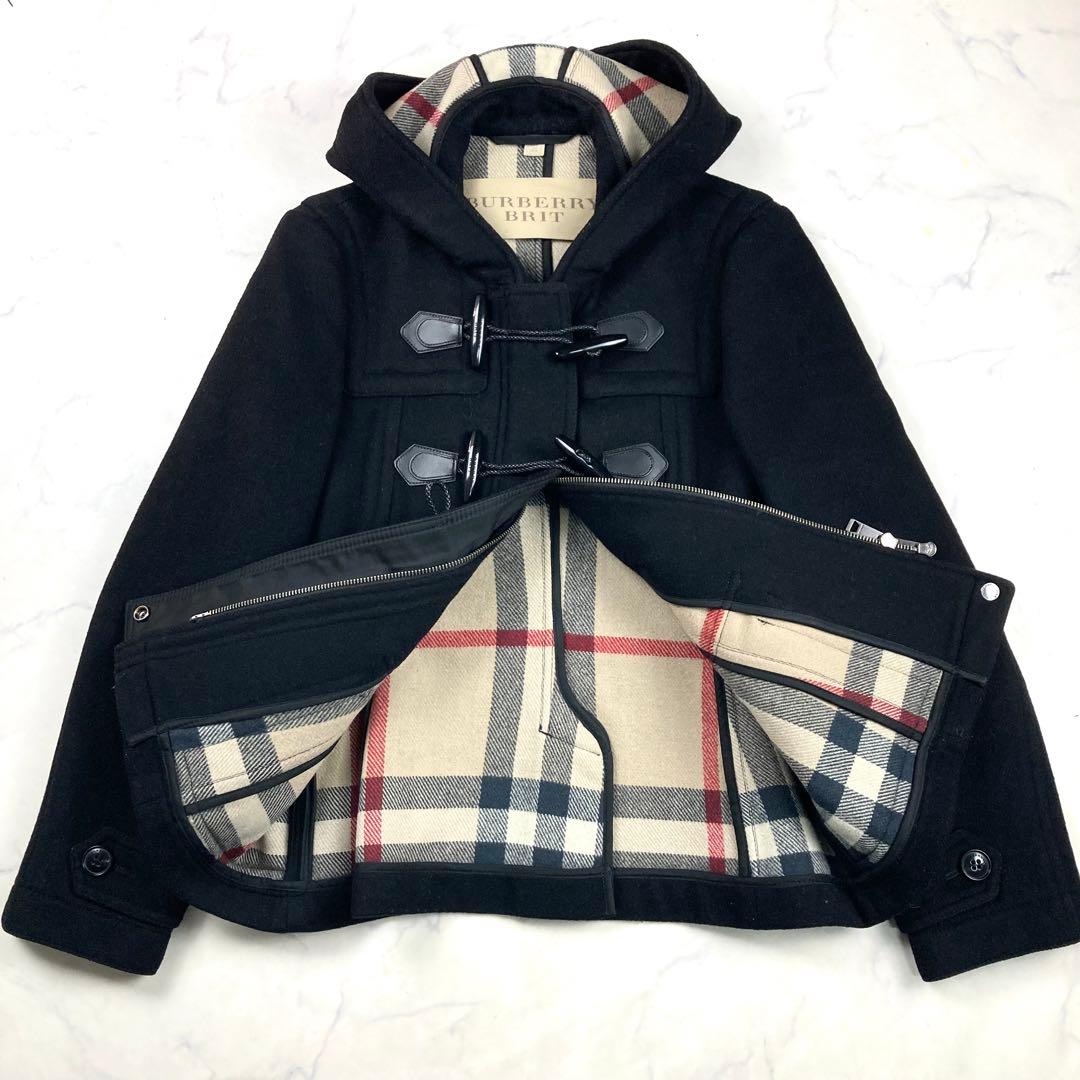 未使用級 バーバリーブリット ショート ダッフルコート　黒 メガネチェック