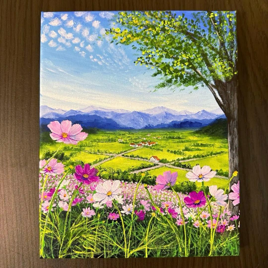 絵画 原画 風景画 肉筆 キャンバス F3 『コスモスの丘から秋の空を