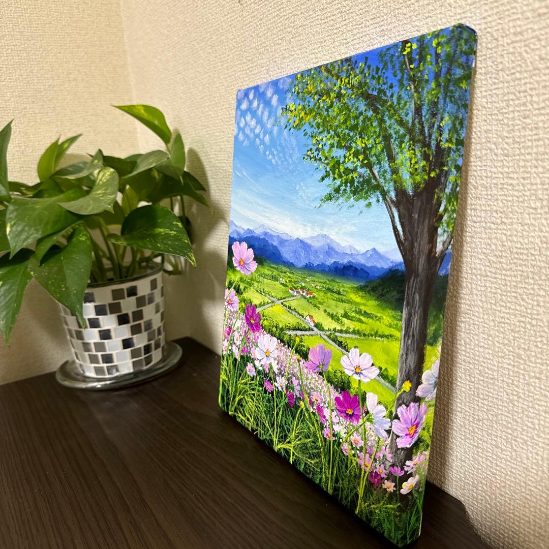 絵画 原画 風景画 肉筆 キャンバス F3 『コスモスの丘から秋の空を