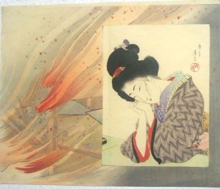 小説保険娘口絵木版画、富岡永洗画明治29年博文館出版