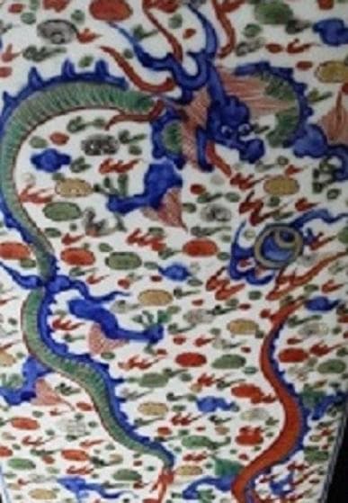 中国古美術/五彩纏枝賢人龍紋隻耳四方大瓶（款：大明萬