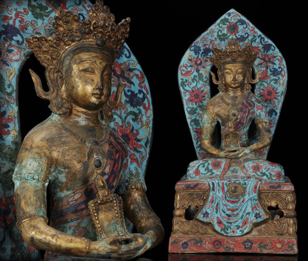 希少チベット密教 銅製鍍金七宝彩 菩薩坐像 宝塔持像 大型仏像 62cm 骨董品