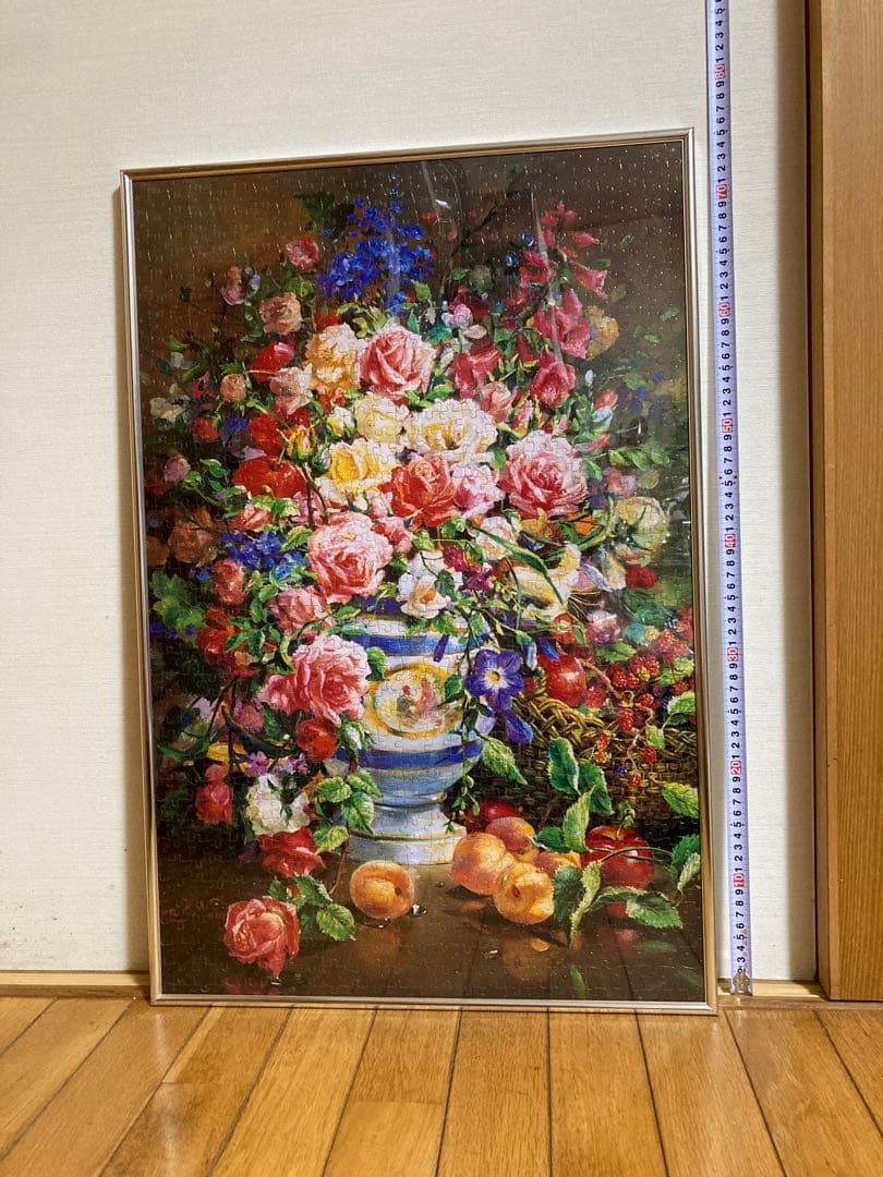 千P④花瓶もれでる花ジグソーパズル アルミ額50×75㎝完成品 油絵 作名