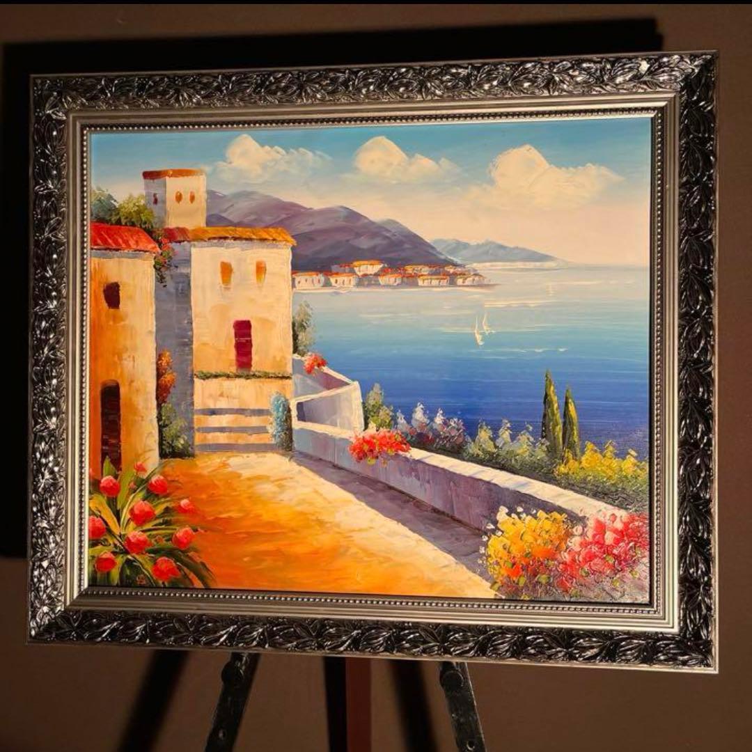 手書き油絵 地中海の風景 額付 絵画 インテリア 油彩画