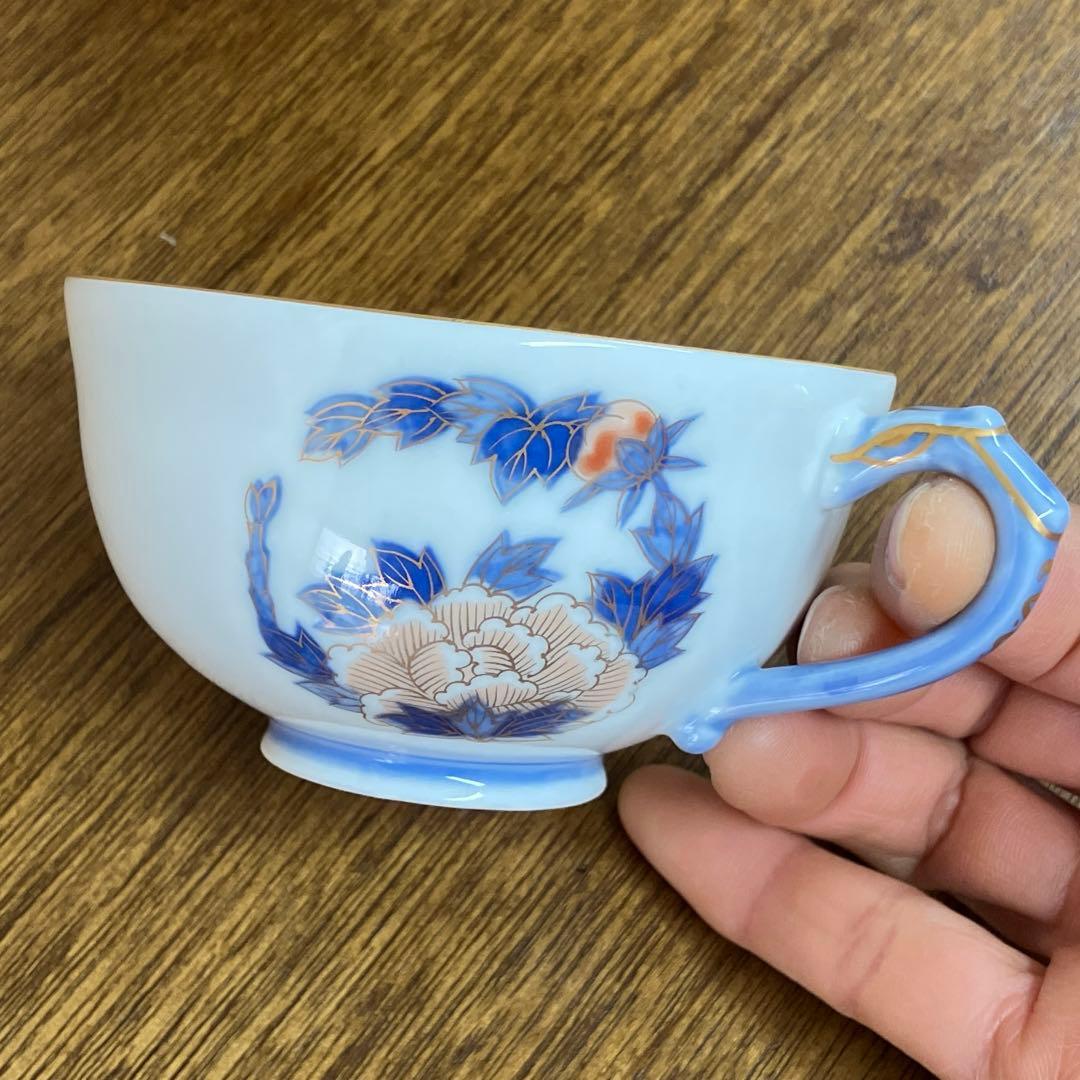 深川製磁 染錦花丸紋 竜手付紅茶碗皿 ティーカップ&ソーサー 2客