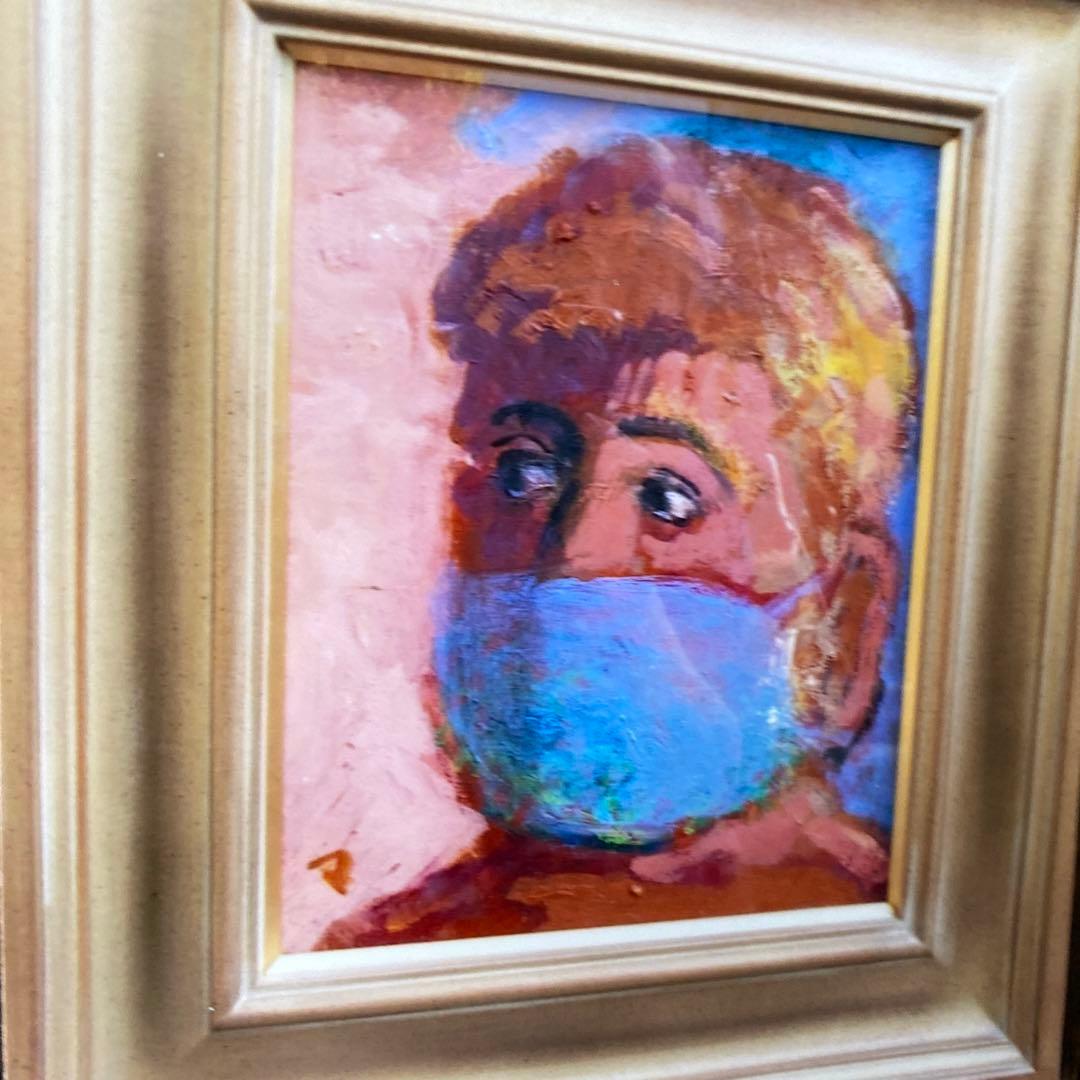 絵画 油絵 油彩画 菊地正則 「マスクをする男」F3号 額付き サインあり