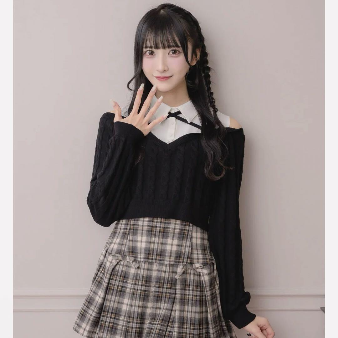 シャツレイヤードオープンショルダーニット pium ブラック