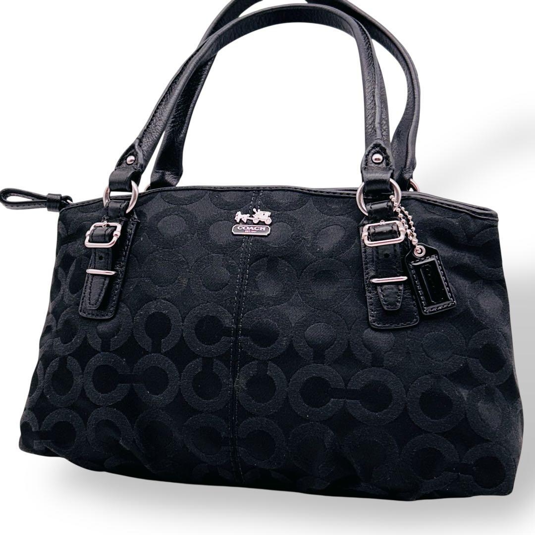 【美品】COACH　コーチ　シグネチャー　黒色ハンドバッグ　人気　キャンバス