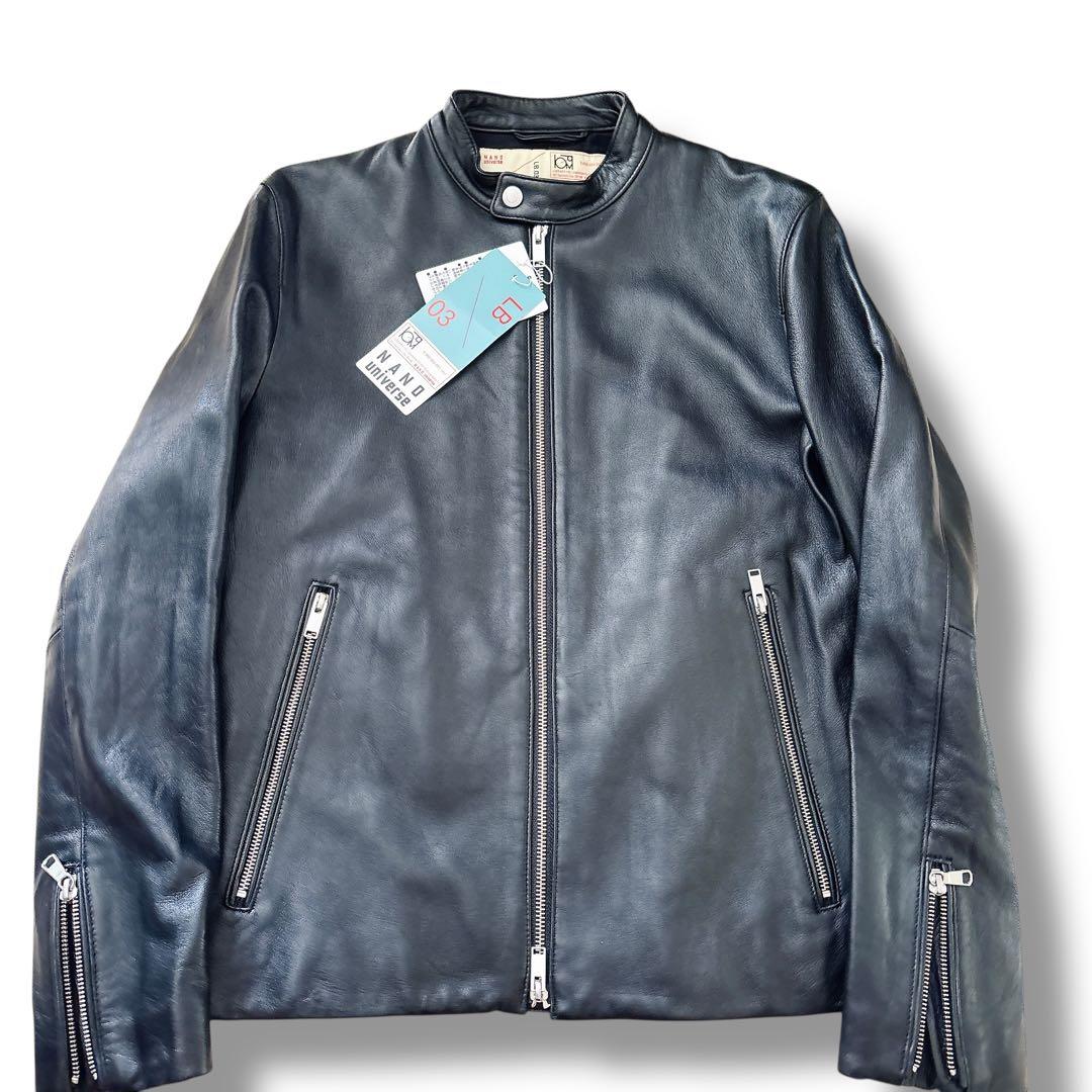 未使用 ナノユニバース ラムレザー シングルライダースジャケット M ブラック ラムナッパレザーライダースジャケット