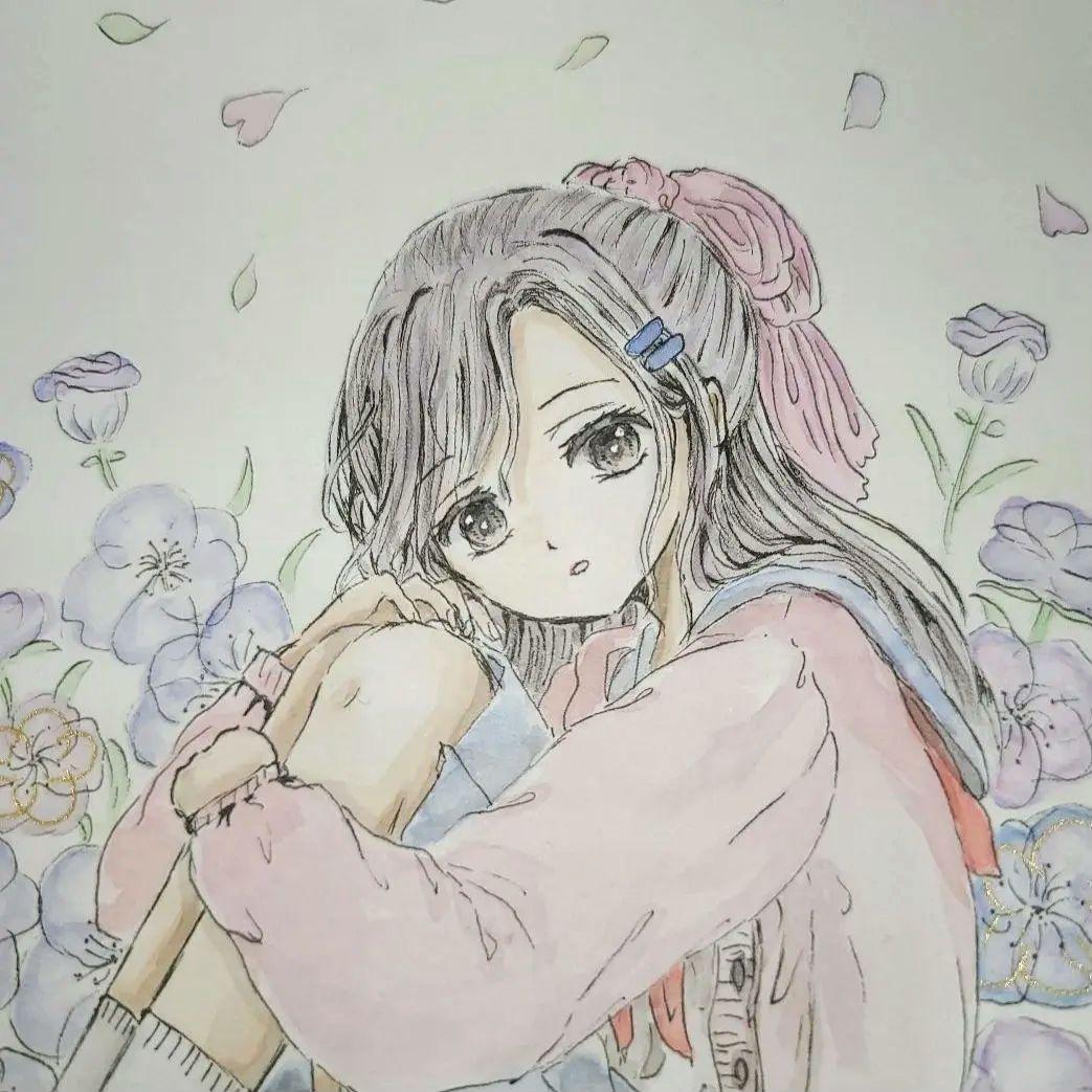 手描きイラスト アナログ セーラー服の女の子 水彩画 - メルカリ