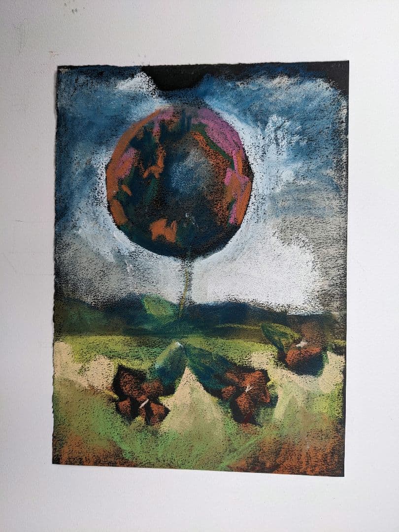 抽象的な花と地球のパステル画 A4サイズ