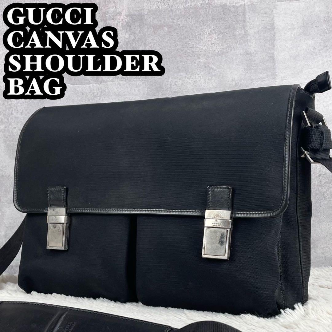 美品 GUCCI キャンバス メッセンジャー 黒 フラップ ロゴ型押し グッチ GUCCI ジャンボGGミディアムメッセンジャーバッグ 739668