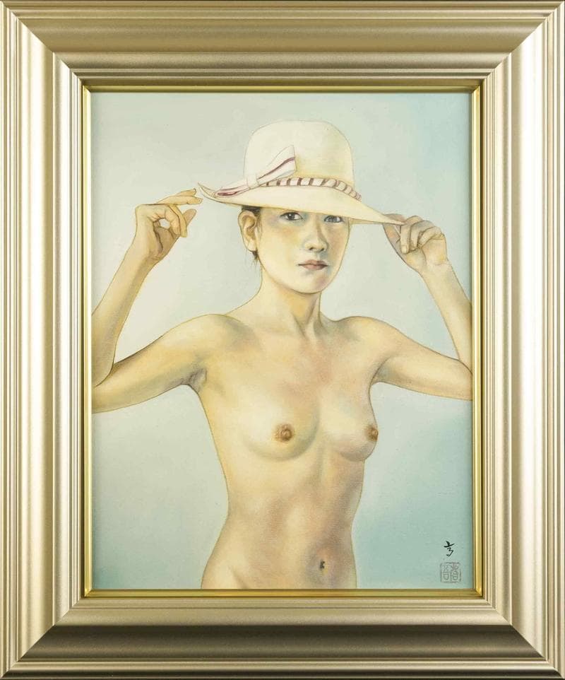 高塚省吾　油彩　肉筆『光の季節』表と裏サイン　共シール　F6号　額装　b806