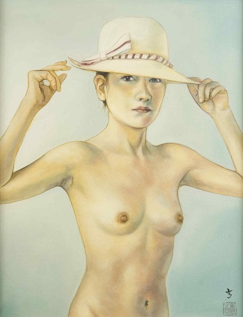 高塚省吾　油彩　肉筆『光の季節』表と裏サイン　共シール　F6号　額装　b806