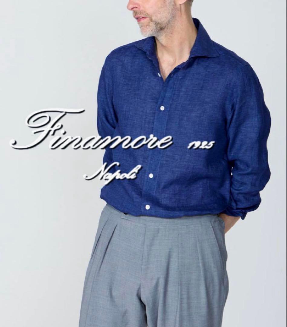 Finamore／フィナモレ／リネンカッタウェイシャツ／SIMONE／ネイビー