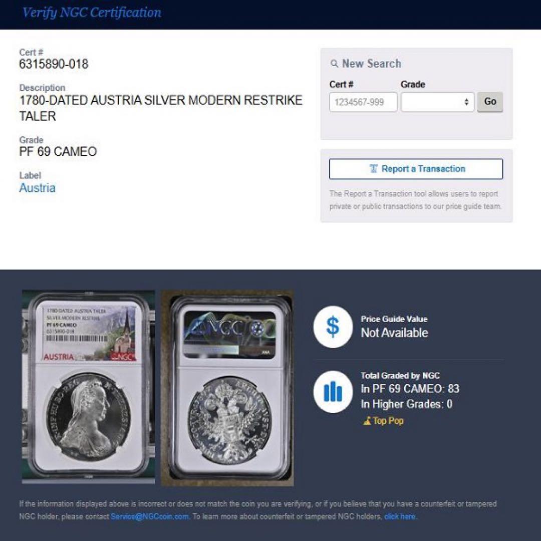 1780年 オーストリア 銀貨 NGC PF69 アンティーク モダン コイン