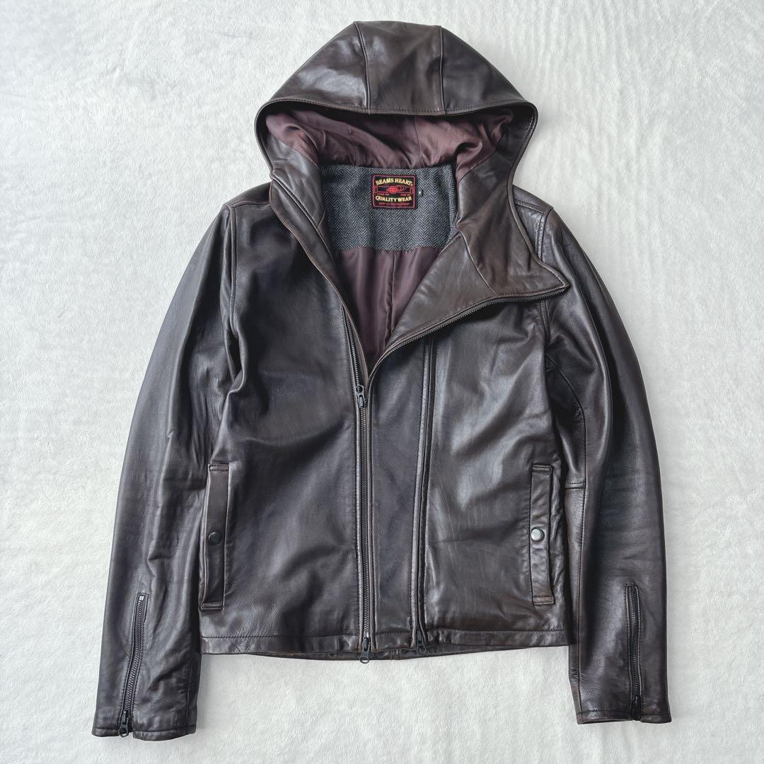 【美品】ビームスハート　レザーパーカー　羊革　ラムレザー　ブラウン　ジップアップ