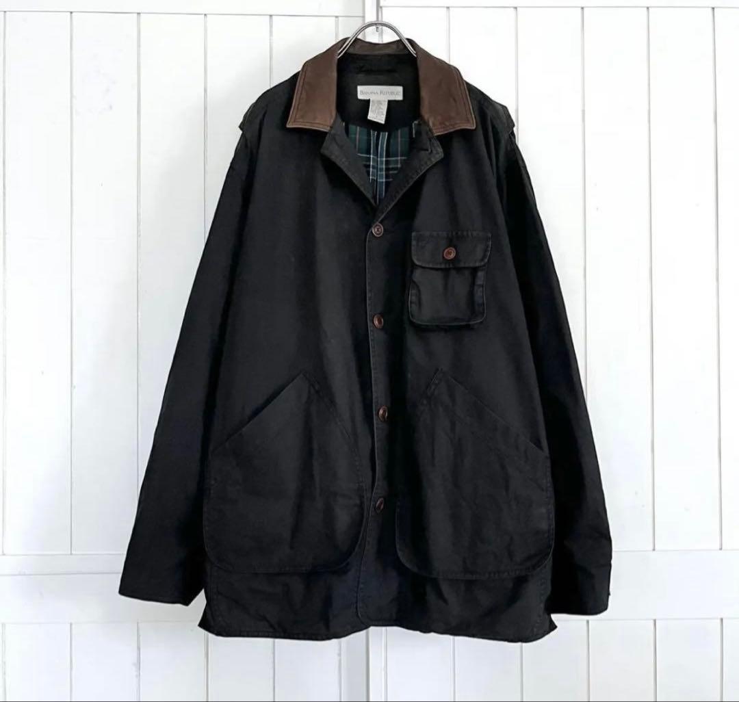 【実寸XL】90s BANANA REPUBLIC 襟レザー ハンティングJKT