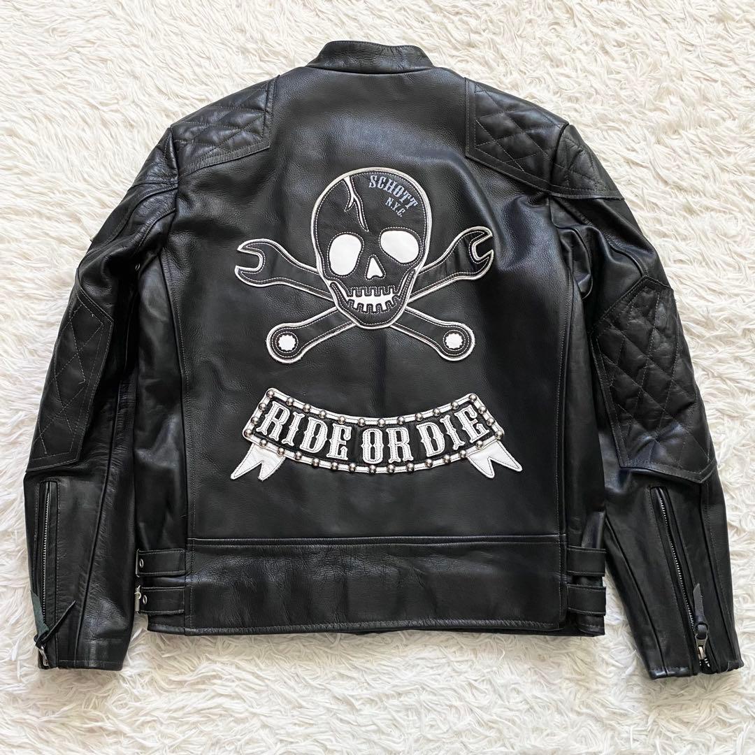 極美品□SCHOTT ワッペン ドクロ ダブルライダースジャケット L - メルカリ