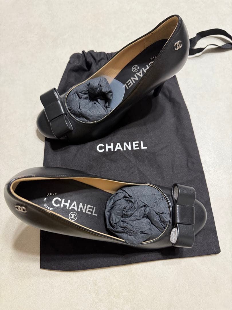 CHANEL リボン&ロゴ ヒール 38ハーフ ブラック CHANEL シャネル パンプス メリー ジェーン ココマーク リボン #38 黒