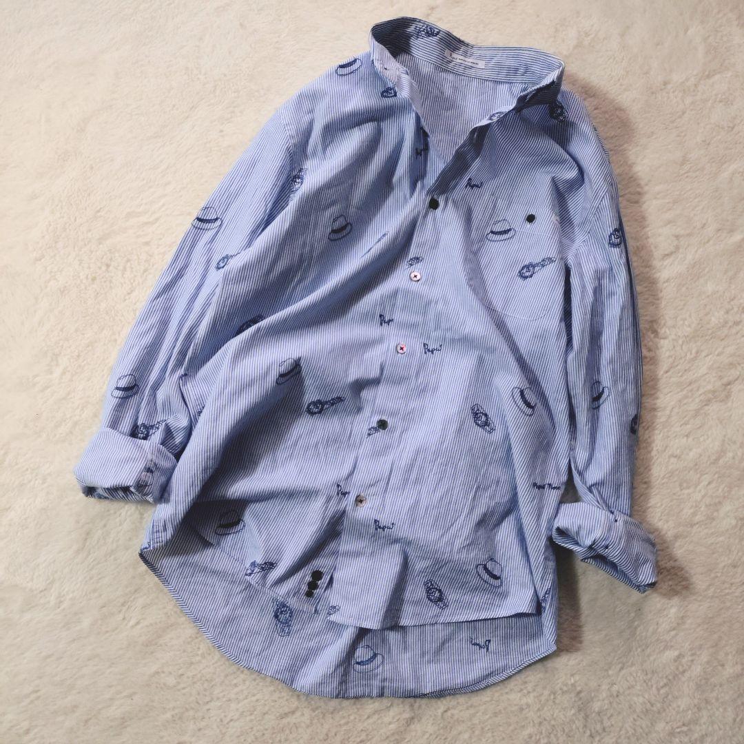 美品 papas 刺繍 総柄 ストライプシャツ M 長袖