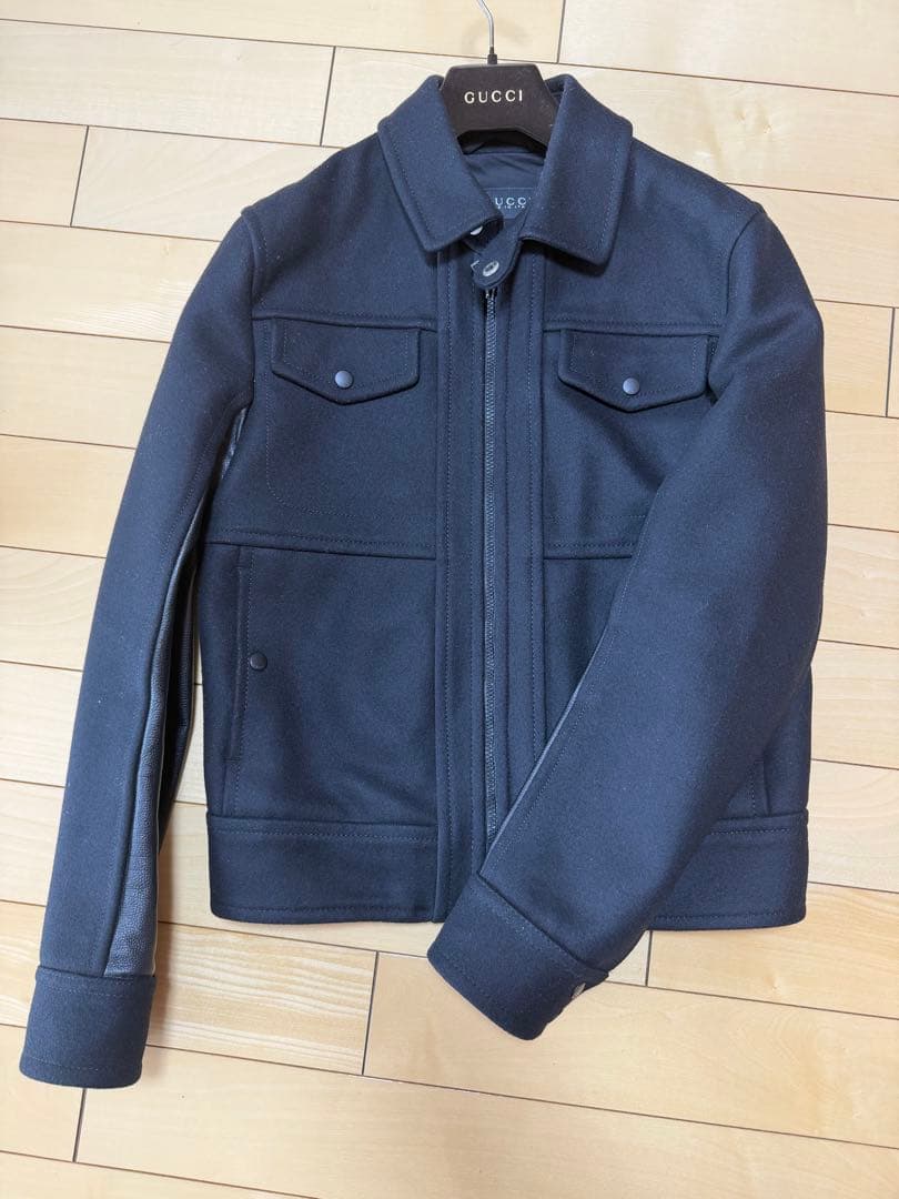 グッチ GUCCI メルトン ウール 袖レザー 切替 ミリタリー ジャケット
