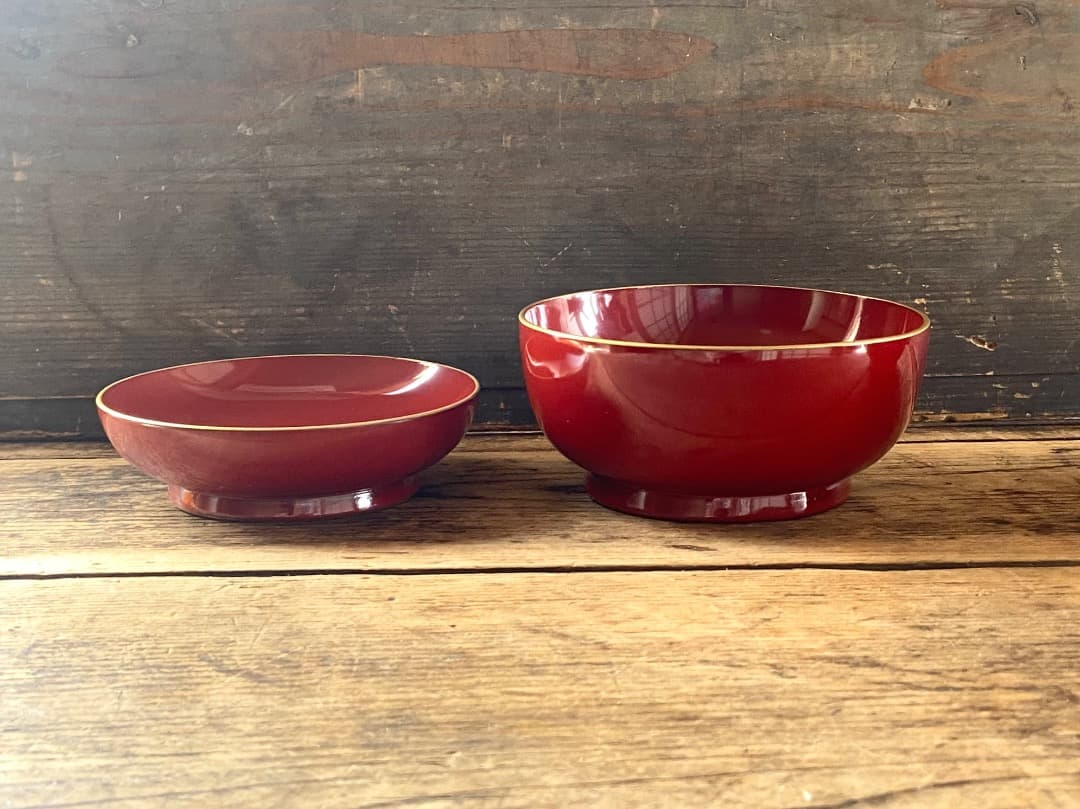 輪島塗 朱漆 貝合わせ 梨地蒔絵 金縁 蓋付椀 2客セット/蒔絵椀 懐石椀