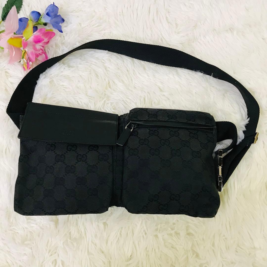 【美品】グッチ ウエストポーチ GG柄 キャンバス ブラック ウエストポーチ