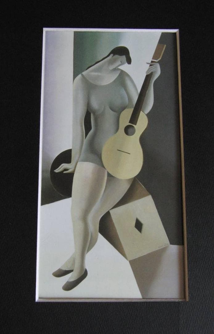 東郷青児、【ギターを持つ女】、希少な額装用画集より、状態良好、新品額装付