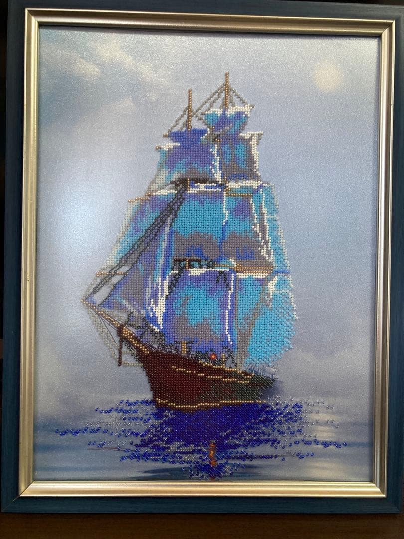 Sailing ship in the fog ビーズ刺繍の絵です Front View of a Pirate Ship Vessel Piercing through the Fog Headed