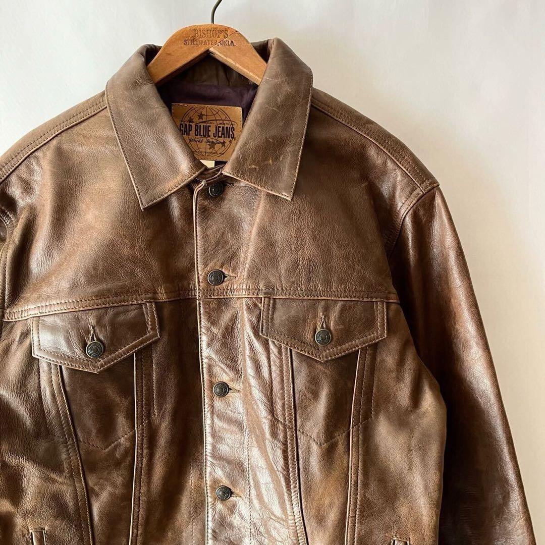 00年 OLD GAP レザー トラッカージャケット L ブラウン - メルカリ