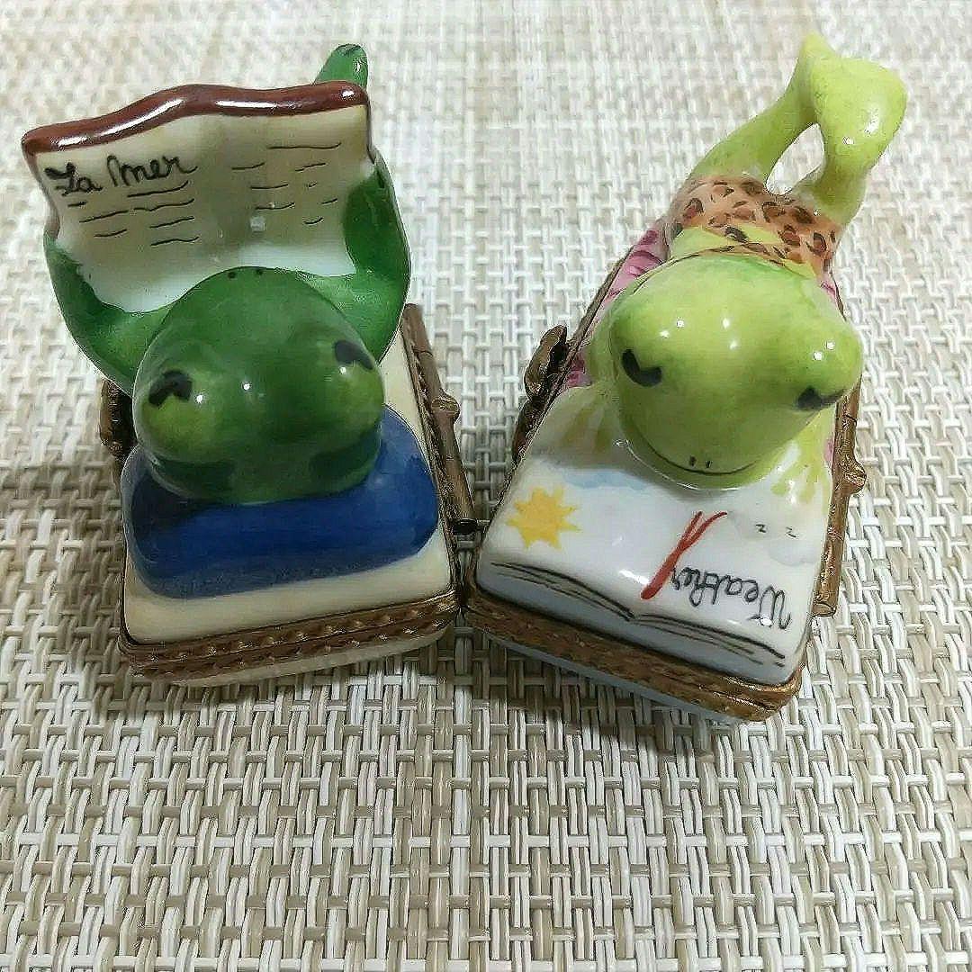 リモージュボックス 読書するカエル 蛙 小物入れ 2個 トリンケットボックス