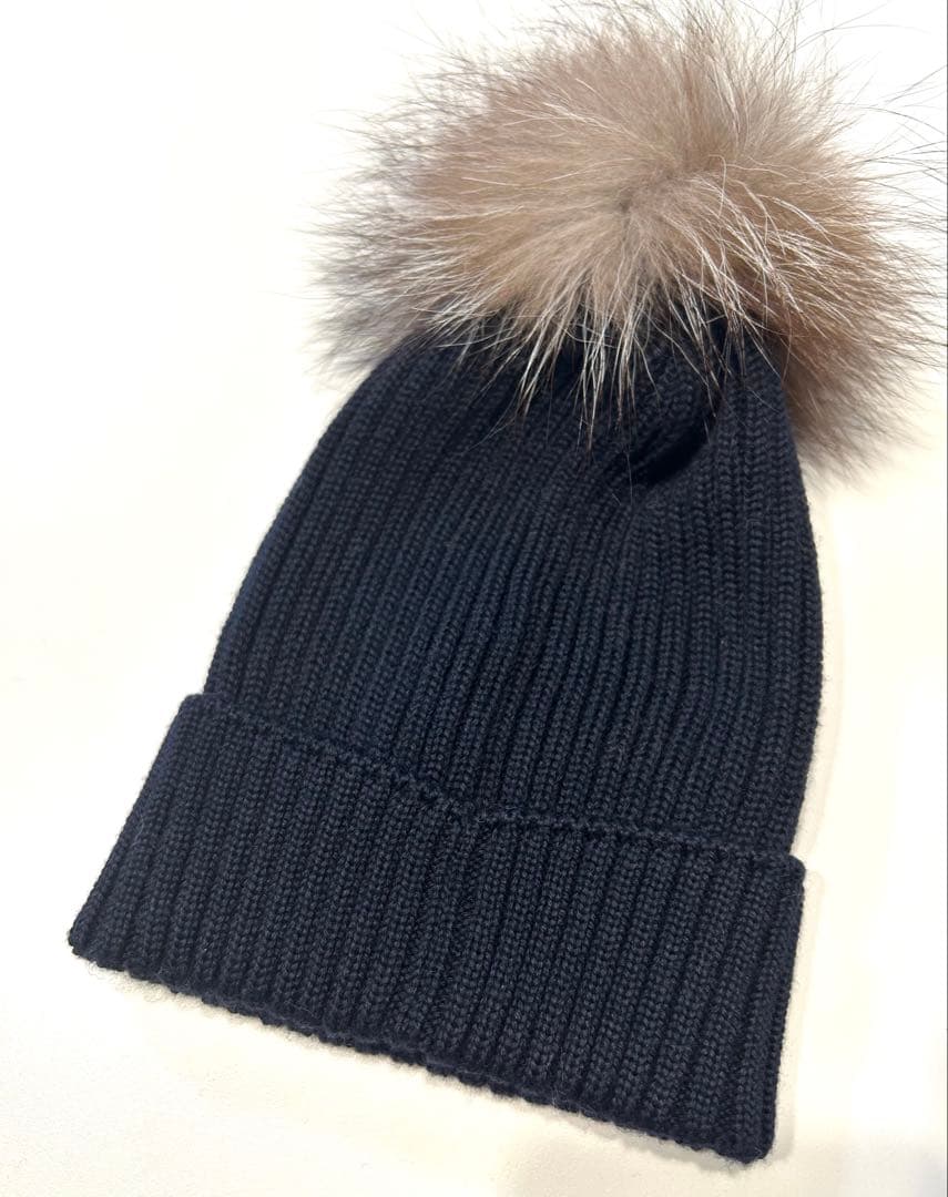 MONCLER ファー付きニット帽 ブラック M キッズ レディース - メルカリ