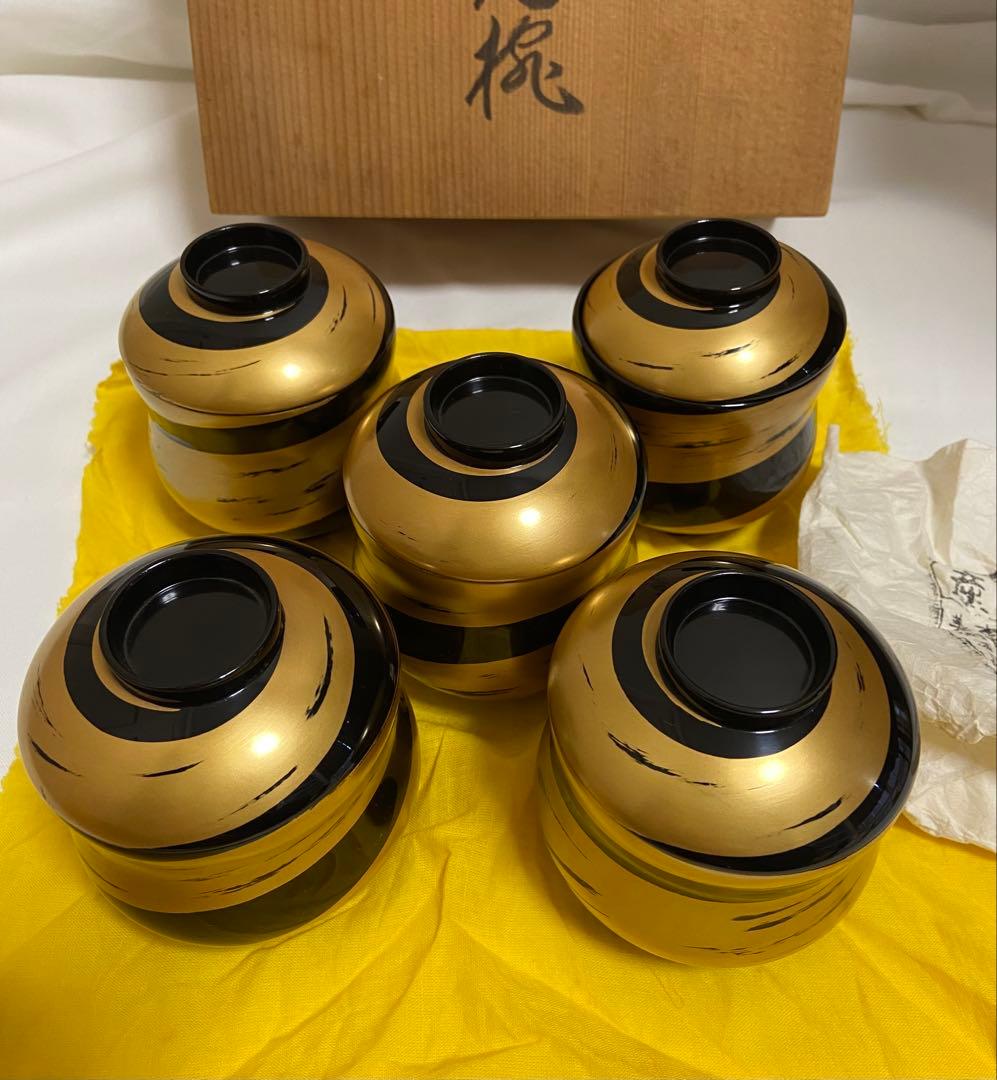 【輪島塗】　吸物椀　汁椀　5客　漆器 輪島塗 つばき蒔絵 吸物椀5客 輪島塗吸物椀 輪島塗お椀 汁椀 椿蒔絵