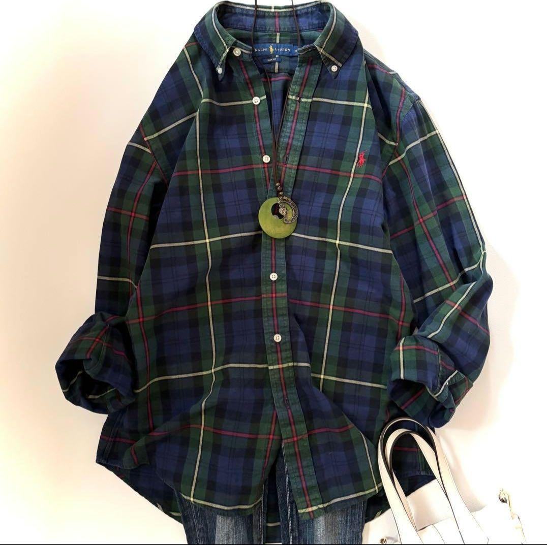 ラルフローレン タータンチェック柄ネルシャツ 長袖 グリーン ポニー