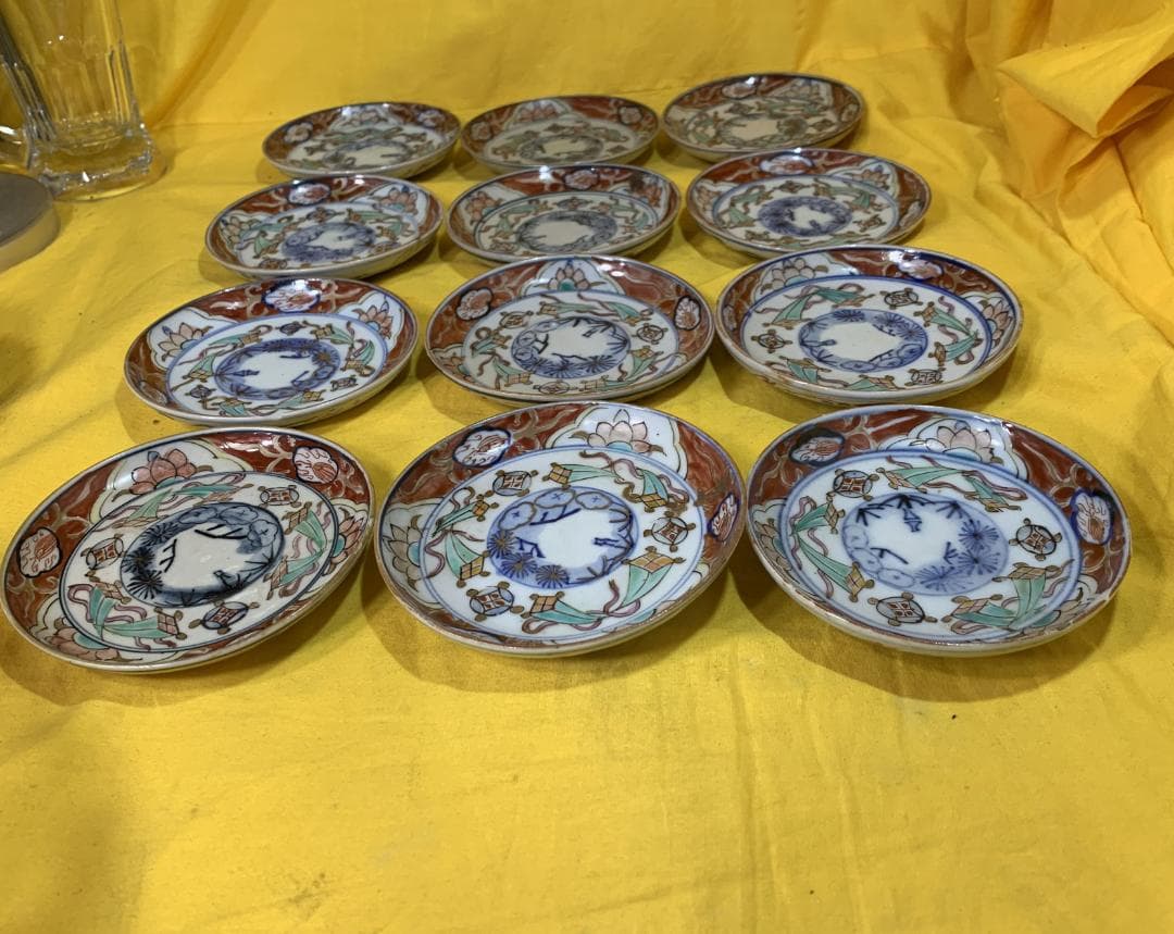 蔵出し!! 古伊万里 錦手 色絵小皿 松竹梅模様 江戸期? 12客 現状品!!