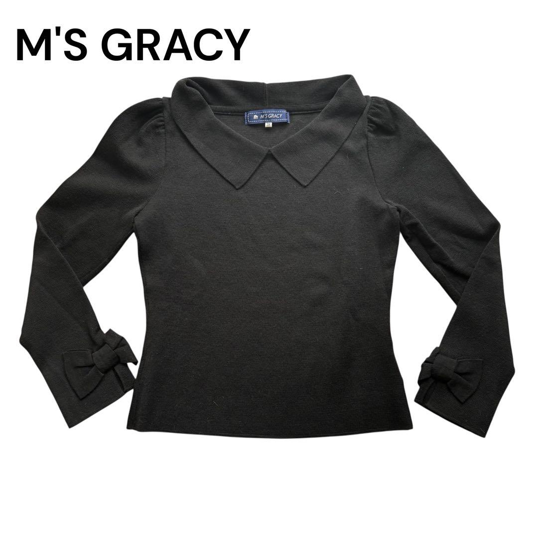 未使用 M'S GRACY 袖リボン ウールニット セーター 38 黒 襟付