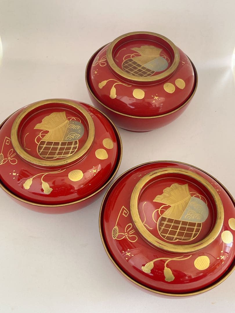 時代物】輪島塗 朱塗 金蒔絵 吸物椀 蓋付椀 3客 木製 漆器 正月 茶懐石