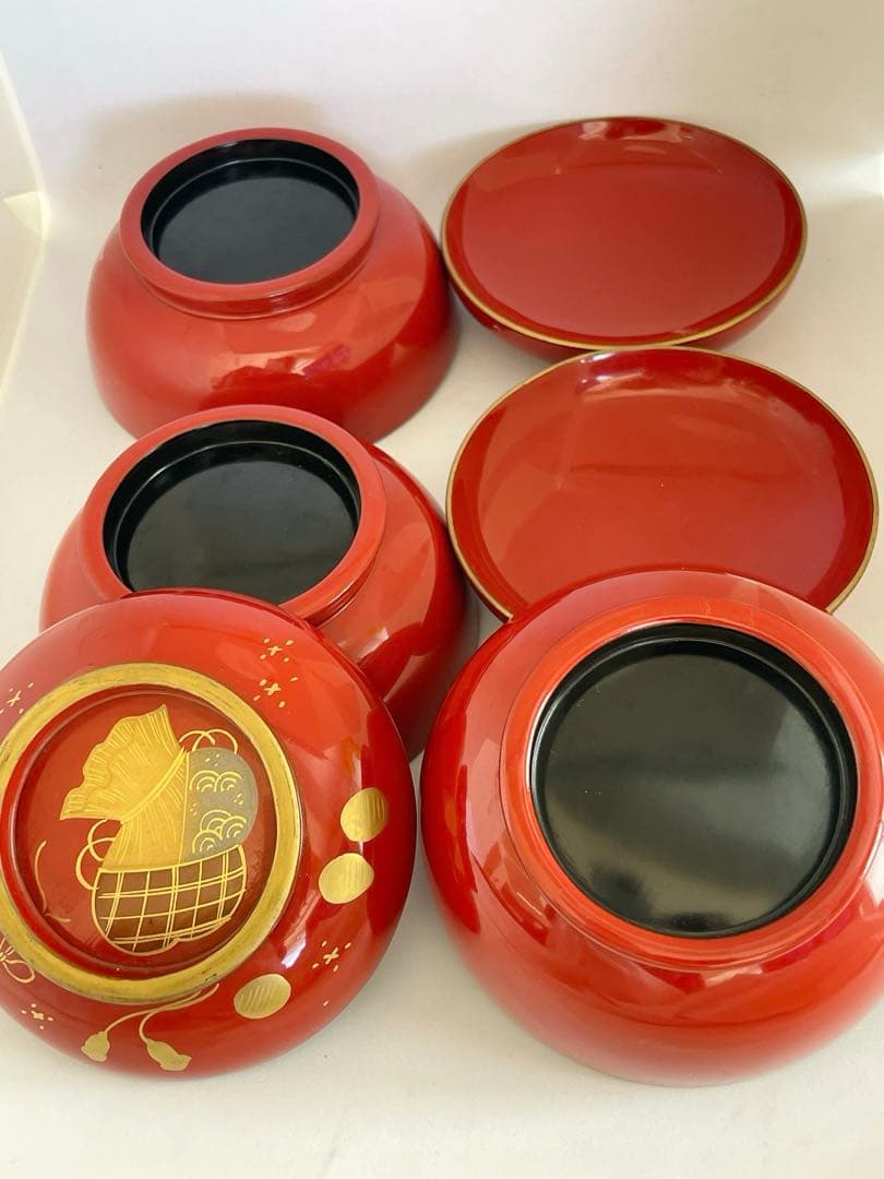 時代物】輪島塗 朱塗 金蒔絵 吸物椀 蓋付椀 3客 木製 漆器 正月 茶懐石